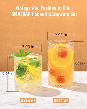ISMASOAN Vintage Hobnail 12oz glasses ideal for compact servings and casual entertaining.