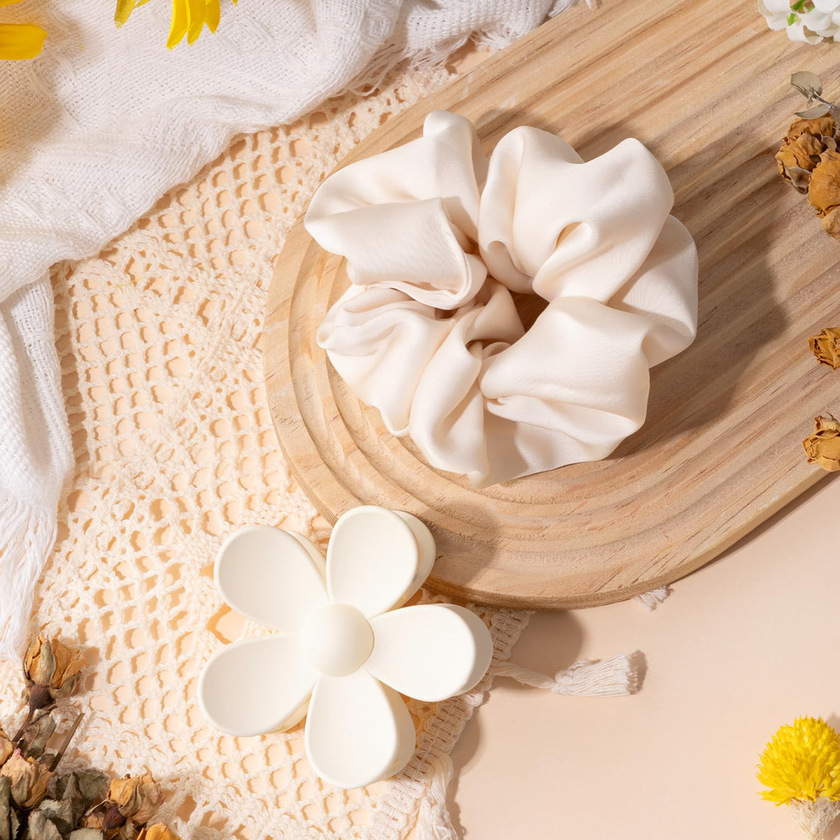 Isolune silk scrunchie for comfortable, gentle hair wear all day.