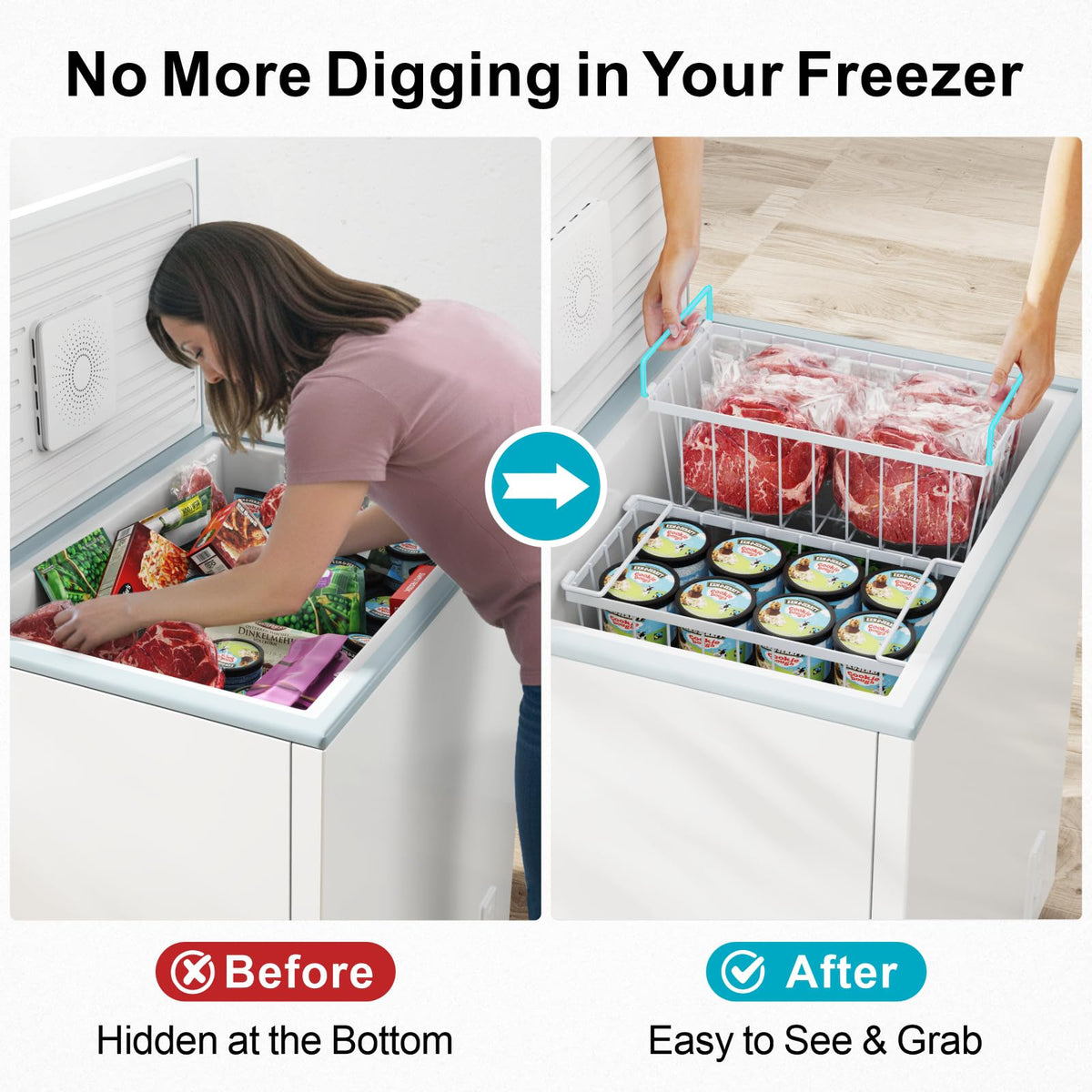 iSPECLE deep freezer baskets stackable to maximize vertical space