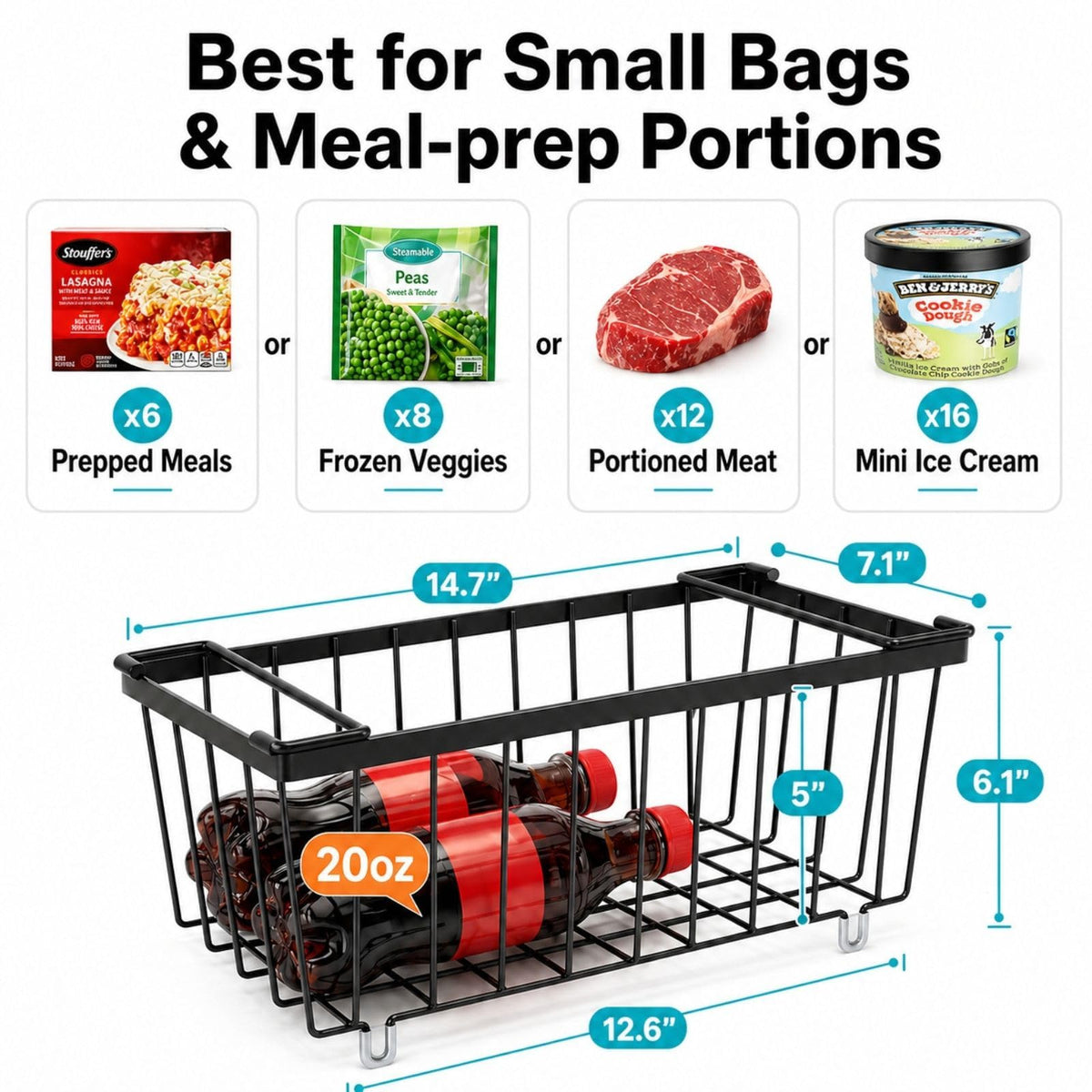 iSPECLE deep freezer bins with folding handles form a stable, lid-free shelf.