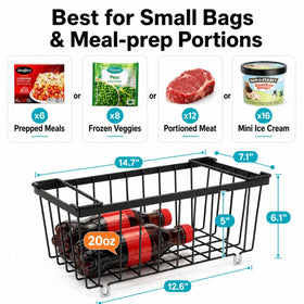 iSPECLE deep freezer bins with folding handles form a stable, lid-free shelf.