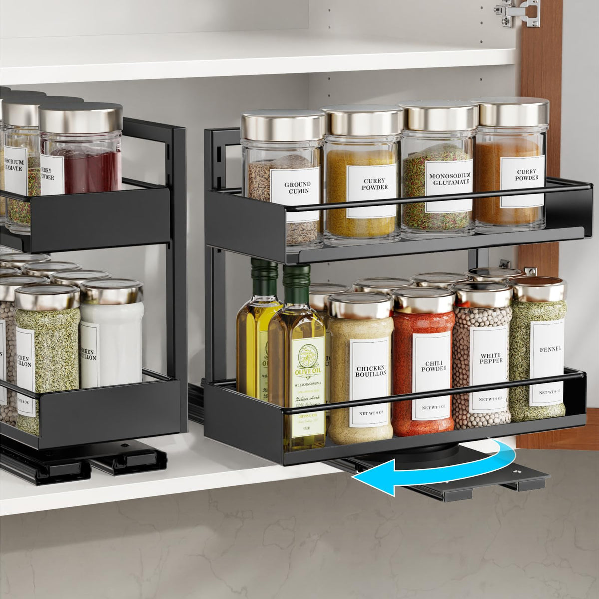 iSPECLE pull-out spice rack 2-pack shown in compact cabinet storage