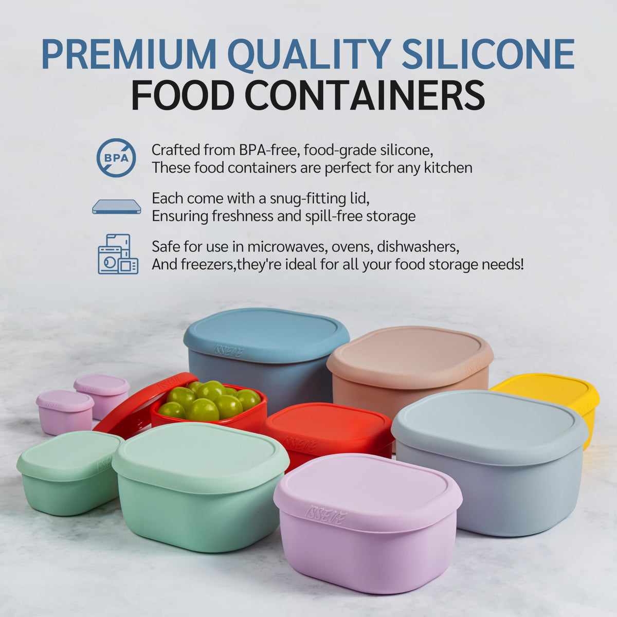 ISSEVE BPA-free silicone storage lasting through fridge, freezer, and microwave.
