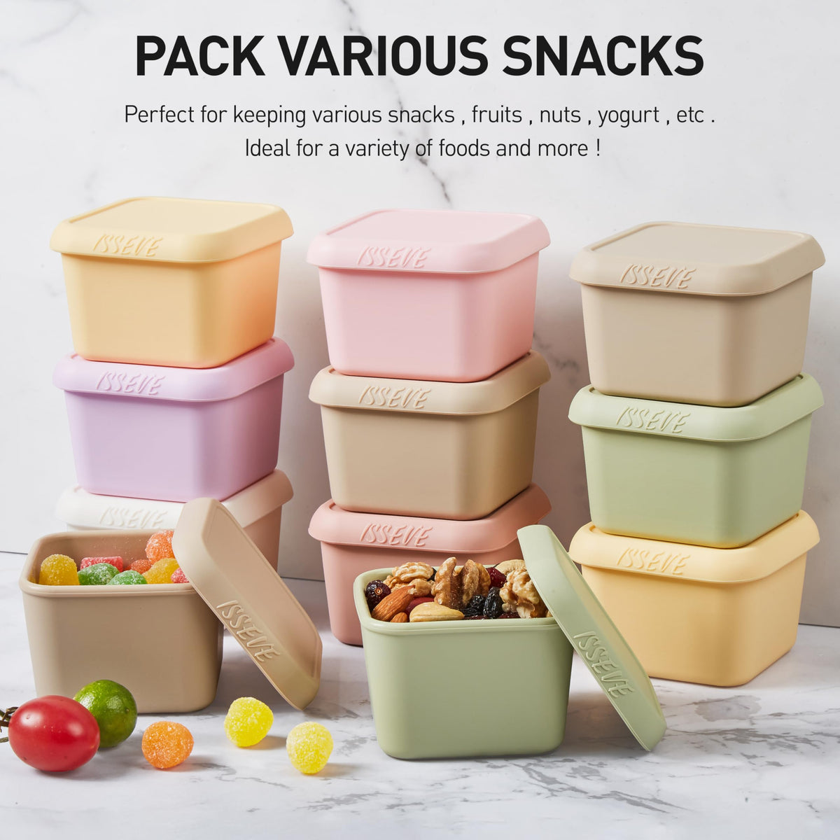 ISSEVE leakproof snack containers keep fruits, nuts, sauces sealed for travel.