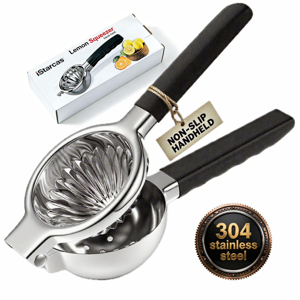 Istarcas lemon squeezer with brushed stainless finish and non-slip grip for quick, mess-free juice.