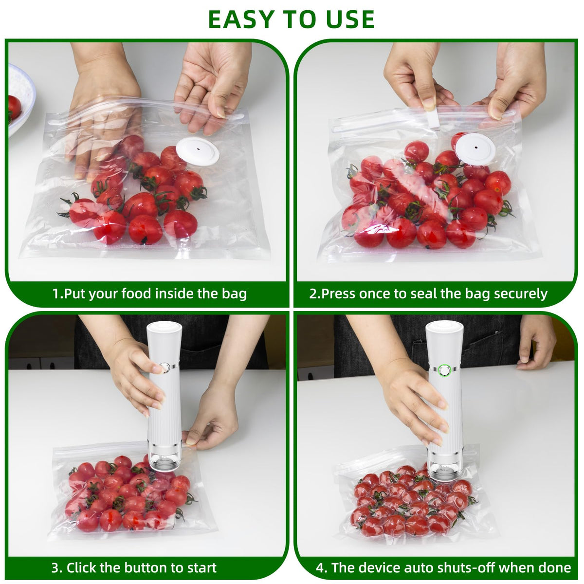 Istarziberlla sealing action in 5 seconds speeds meal prep.