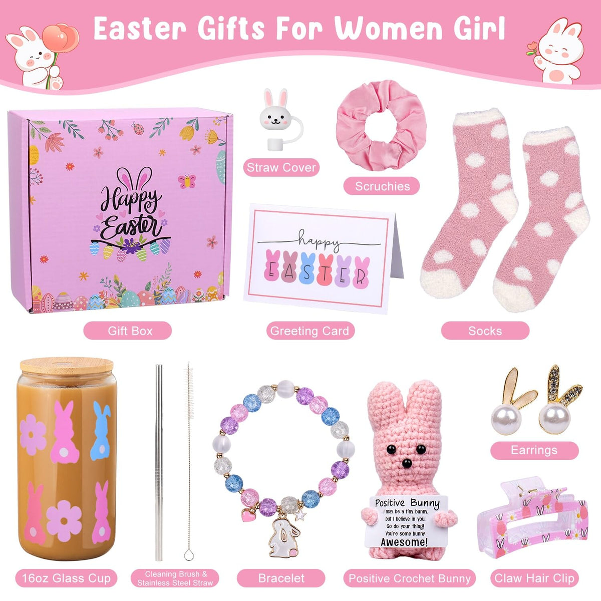 Ithmahco Bunny-printed glass cup hydration kit for stylish sipping.