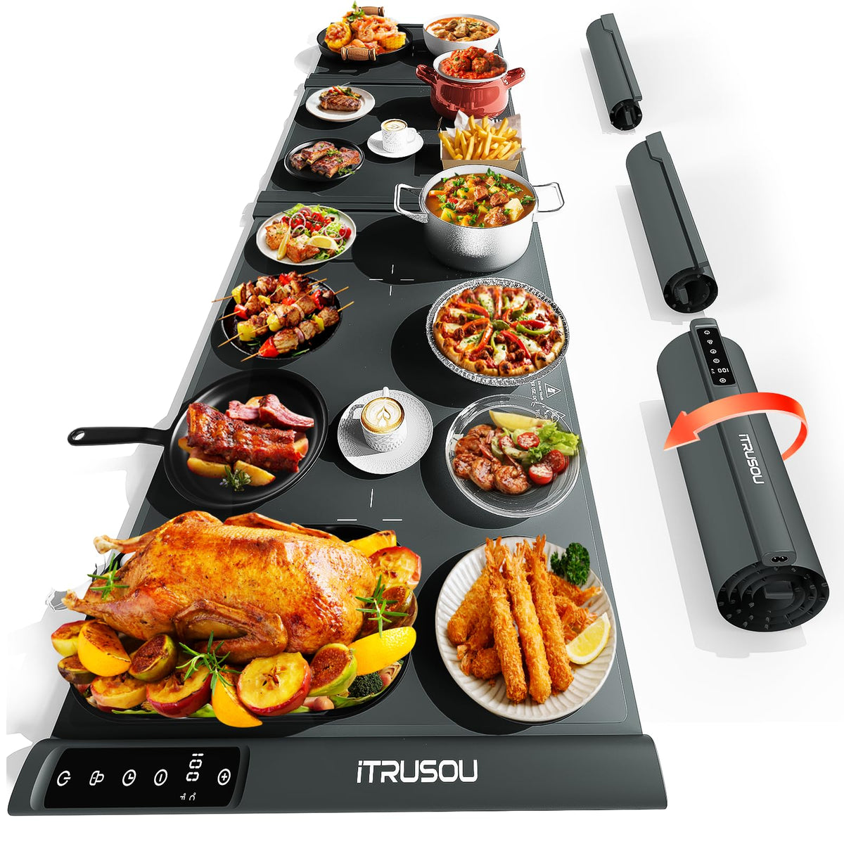 iTRUSOU expandable warming mat main panel assembly showing modular fit for meals