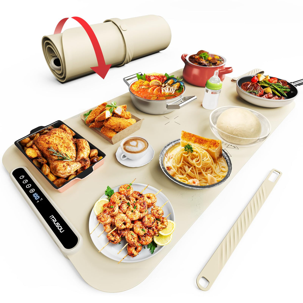 Itrusou food warming mat in 27.5 by 16 inch setup, suitable for multiple dishes