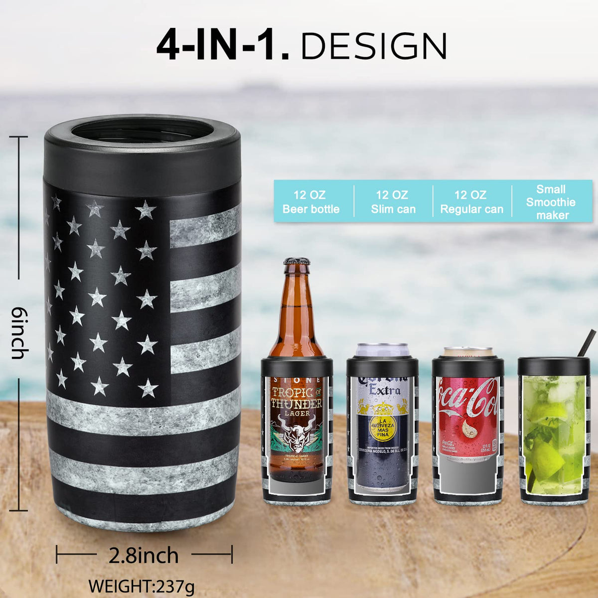 Itslife 4-in-1 slim can cooler back design with black flag detail
