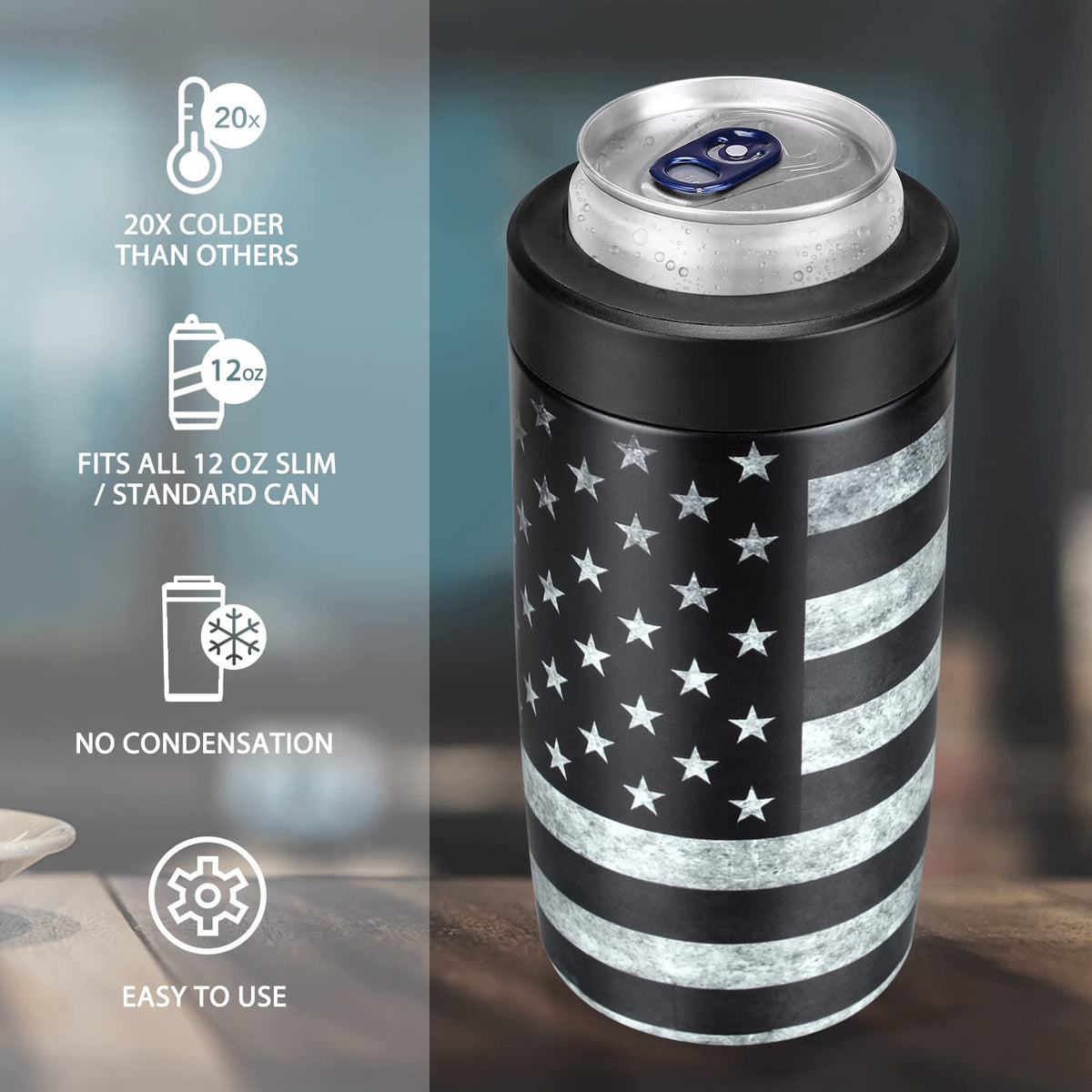 Itslife 4-in-1 slim can cooler close-up of stainless steel construction