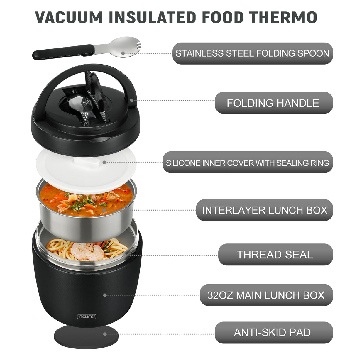 Itslife leakproof screw-cap lid prevents spills during transport.