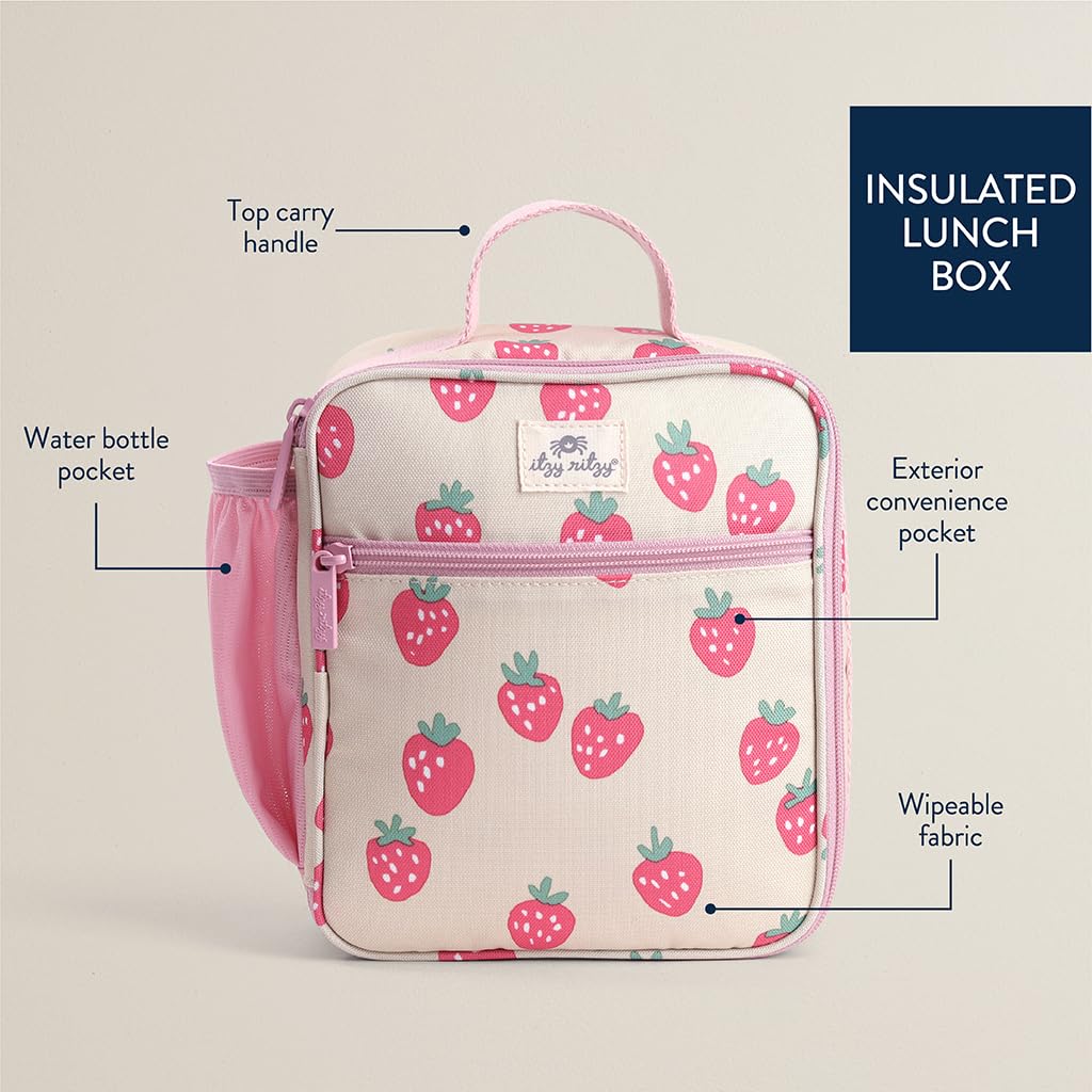 Itzy Ritzy lunch box water bottle holder provides easy access for drinks