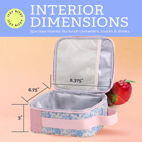Itzy Ritzy lunch box coordinates with Ribbons and Roses backpack for a stylish set.