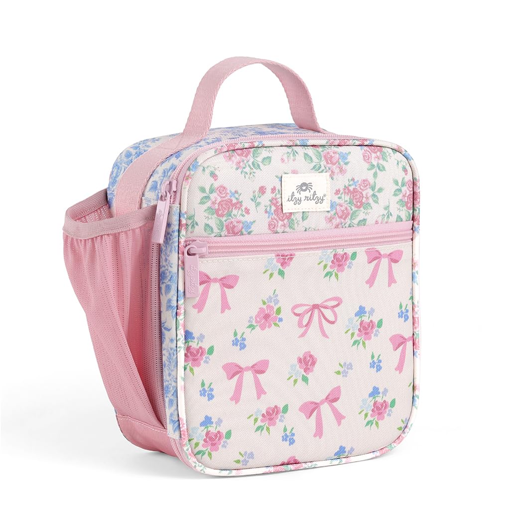 Itzy Ritzy toddler lunch box with water bottle holder keeps drinks within reach.