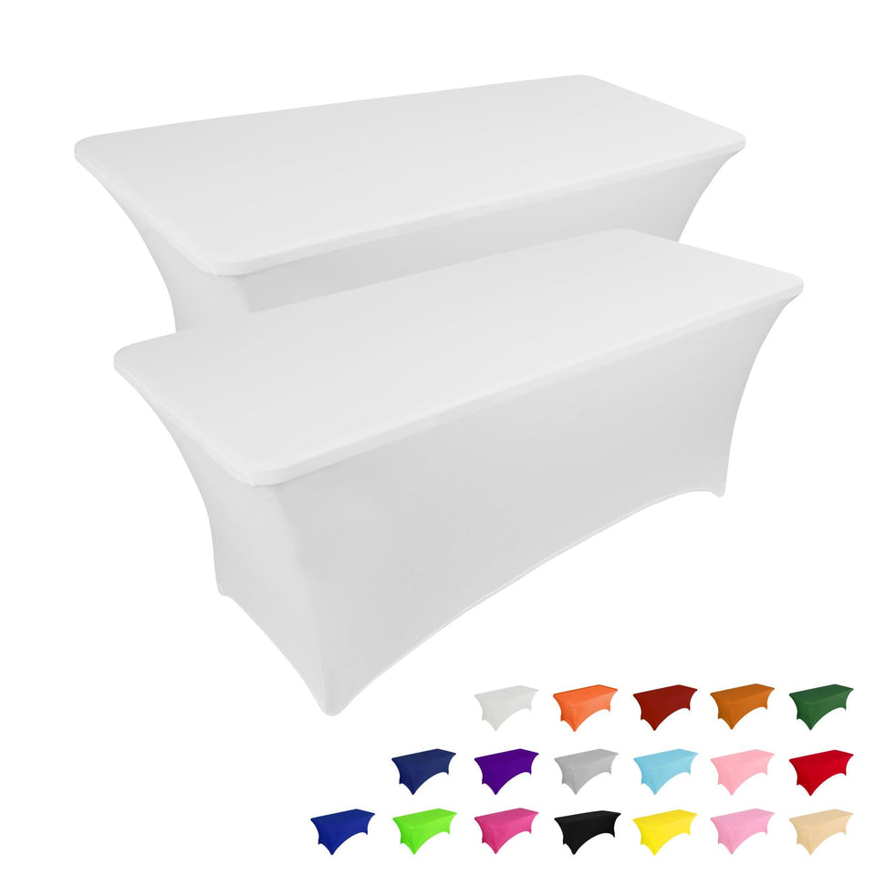 IVAPUPU 8ft white tablecloth showcasing a snug, wrinkle-resistant fit for event tables.