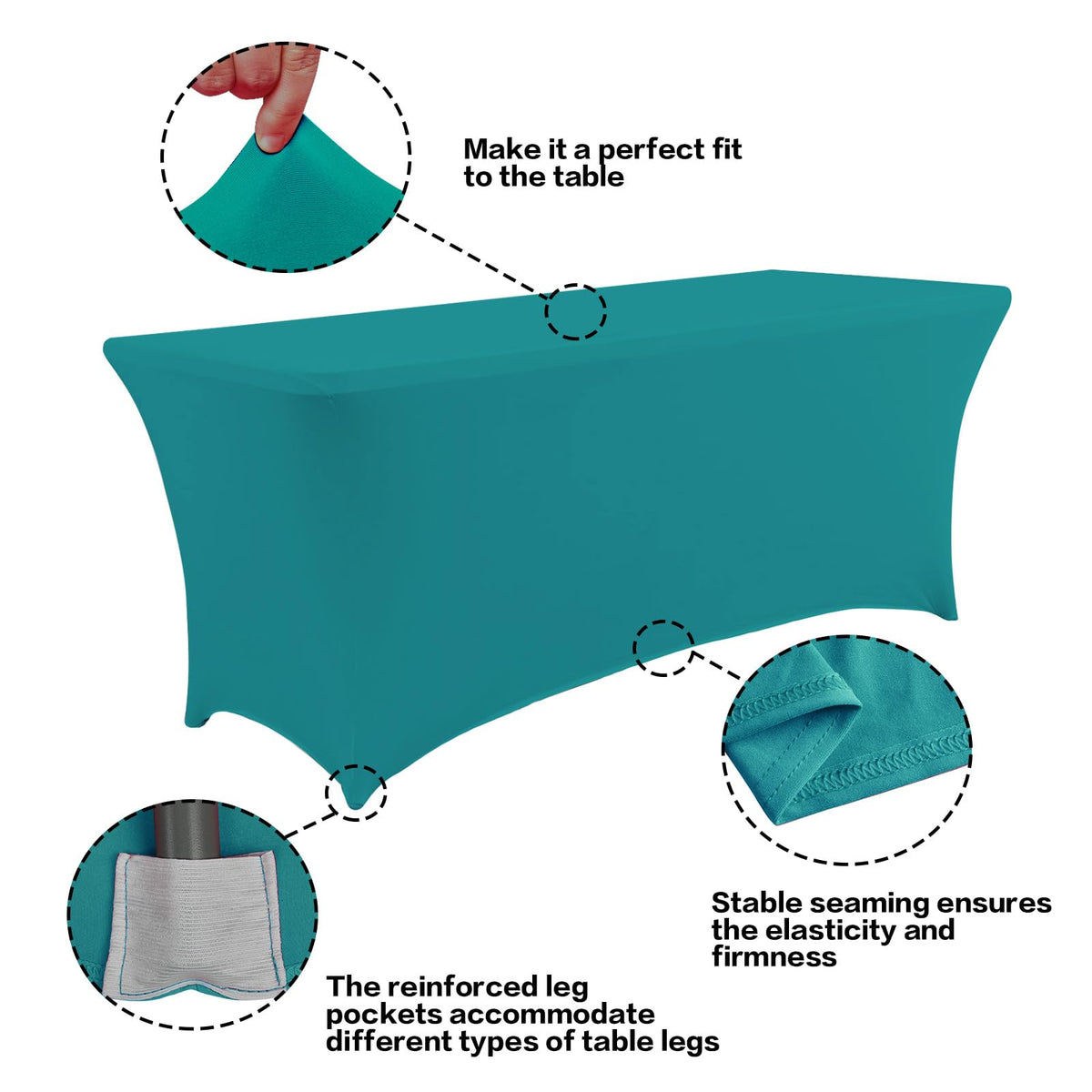 IVAPUPU lake blue 6ft tablecloth demonstrates four-way stretch for a secure fit