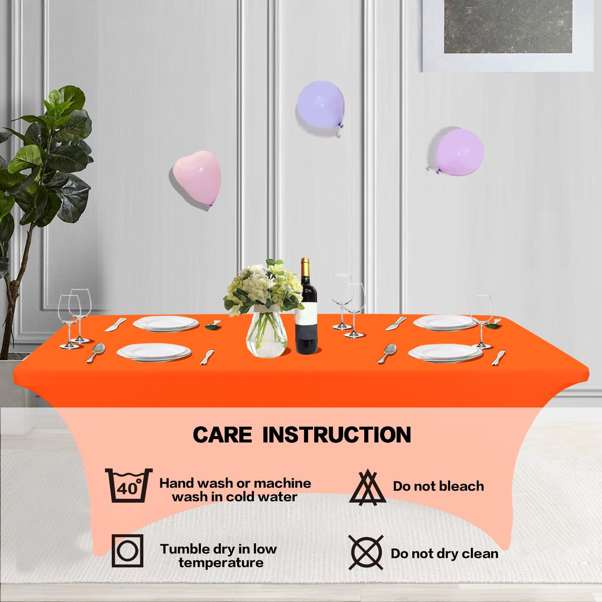 IVAPUPU orange wedding banquet table cover creates an elegant event setting.