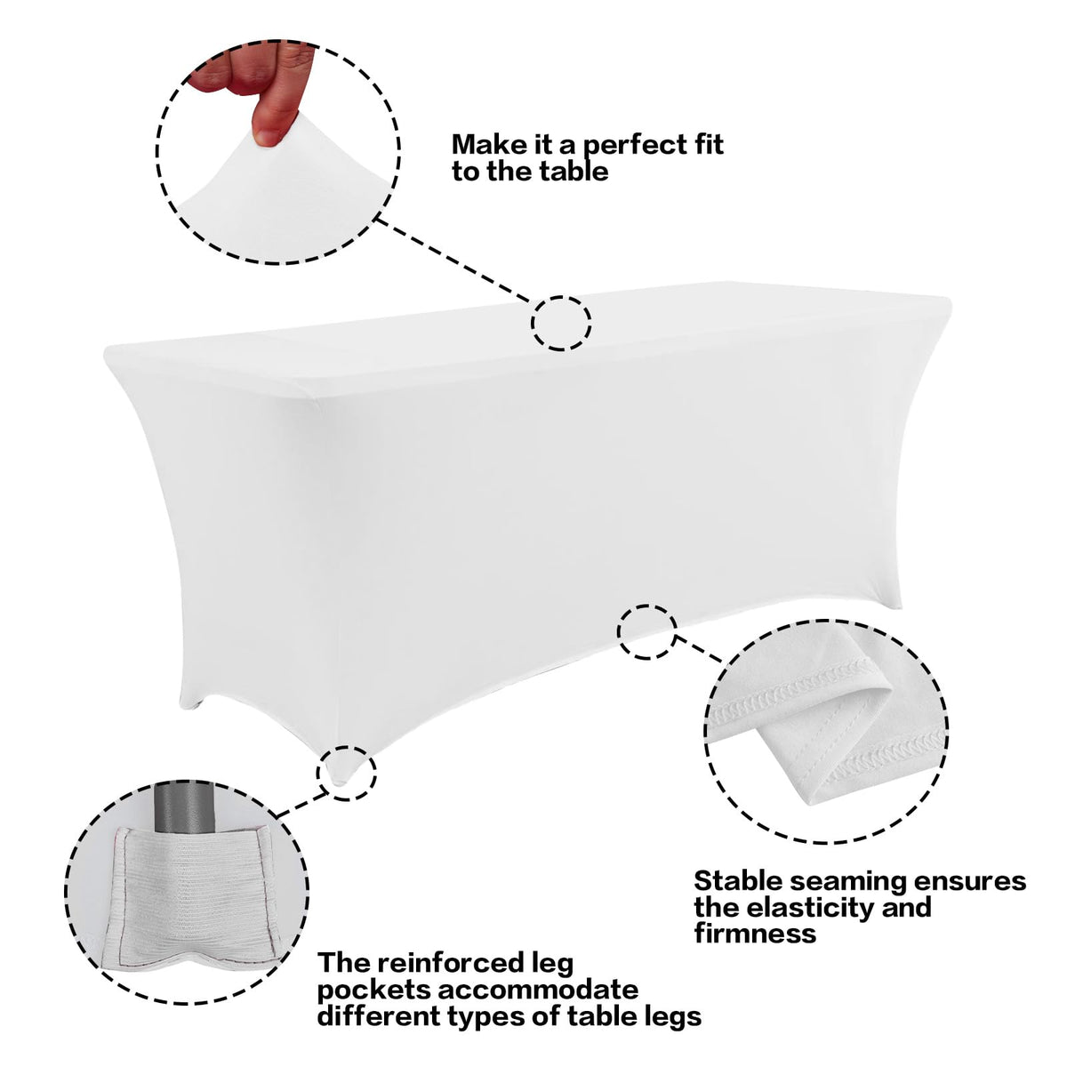 IVAPUPU rectangular fitted table cover with four-way stretch for secure, tidy setups.