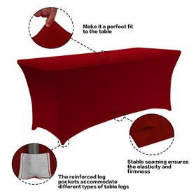 IVAPUPU stretch spandex 4-way 6ft burgundy tablecloth offers a snug fit.