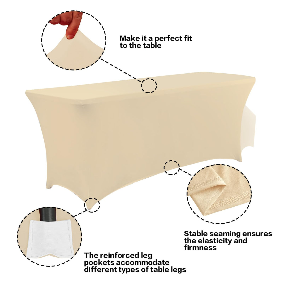 Close-up of IVAPUPU stretchy spandex quad-fit for secure table coverage.
