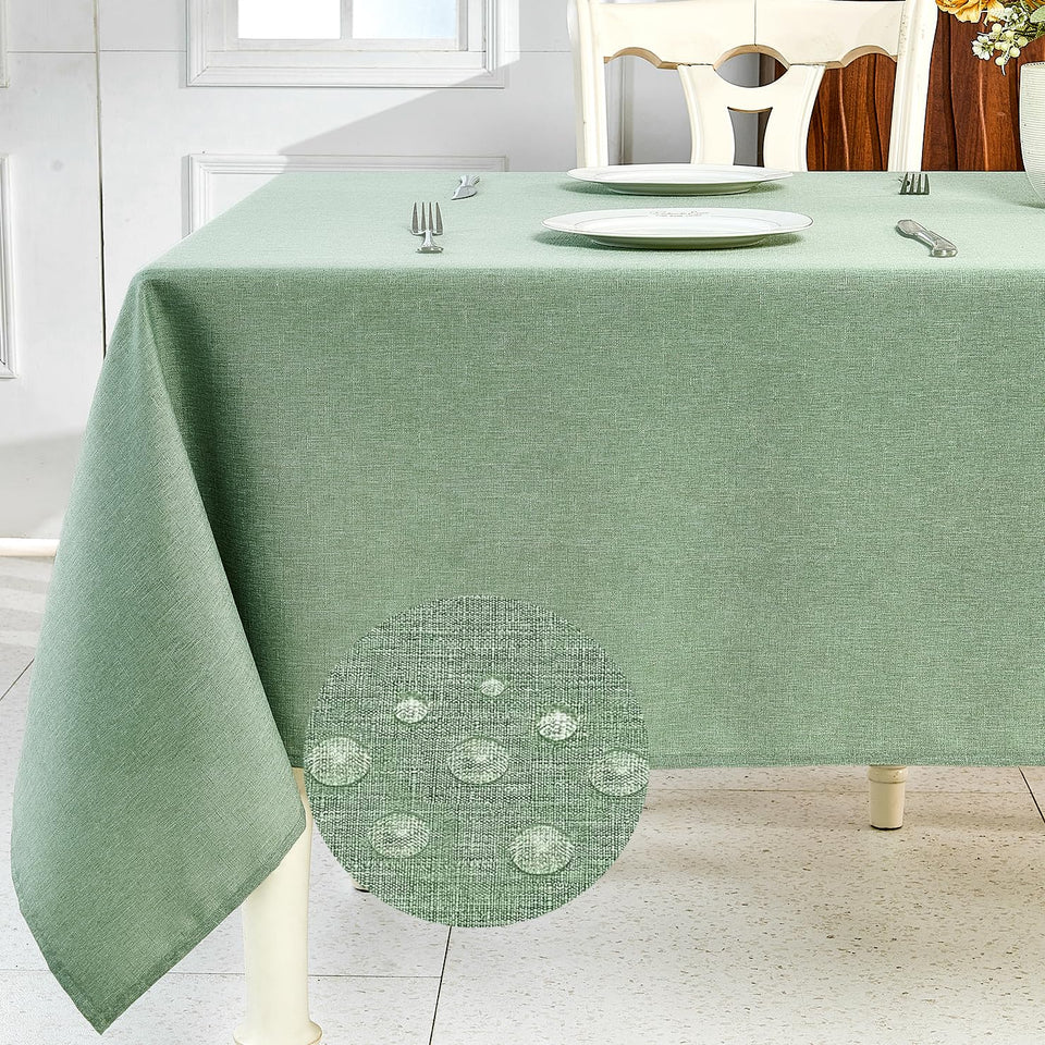 IVAPUPU sage green textured linen tablecloth on a 60x104 rectangle table, wrinkle-free look