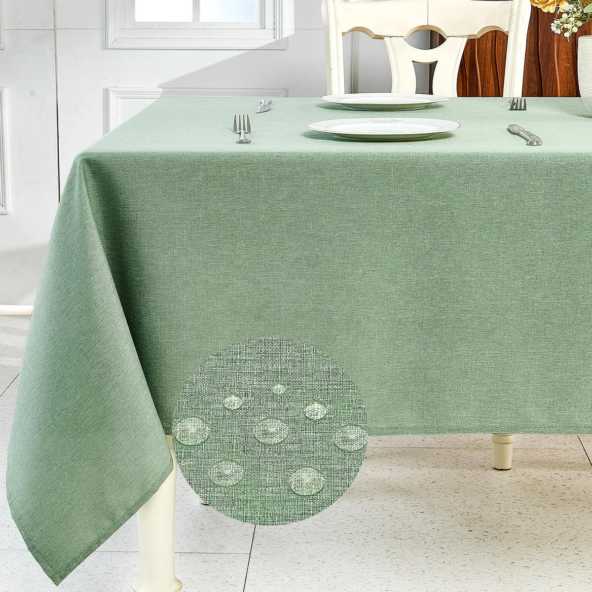IVAPUPU sage green textured linen tablecloth on a rectangle table, durable and easy to wipe.