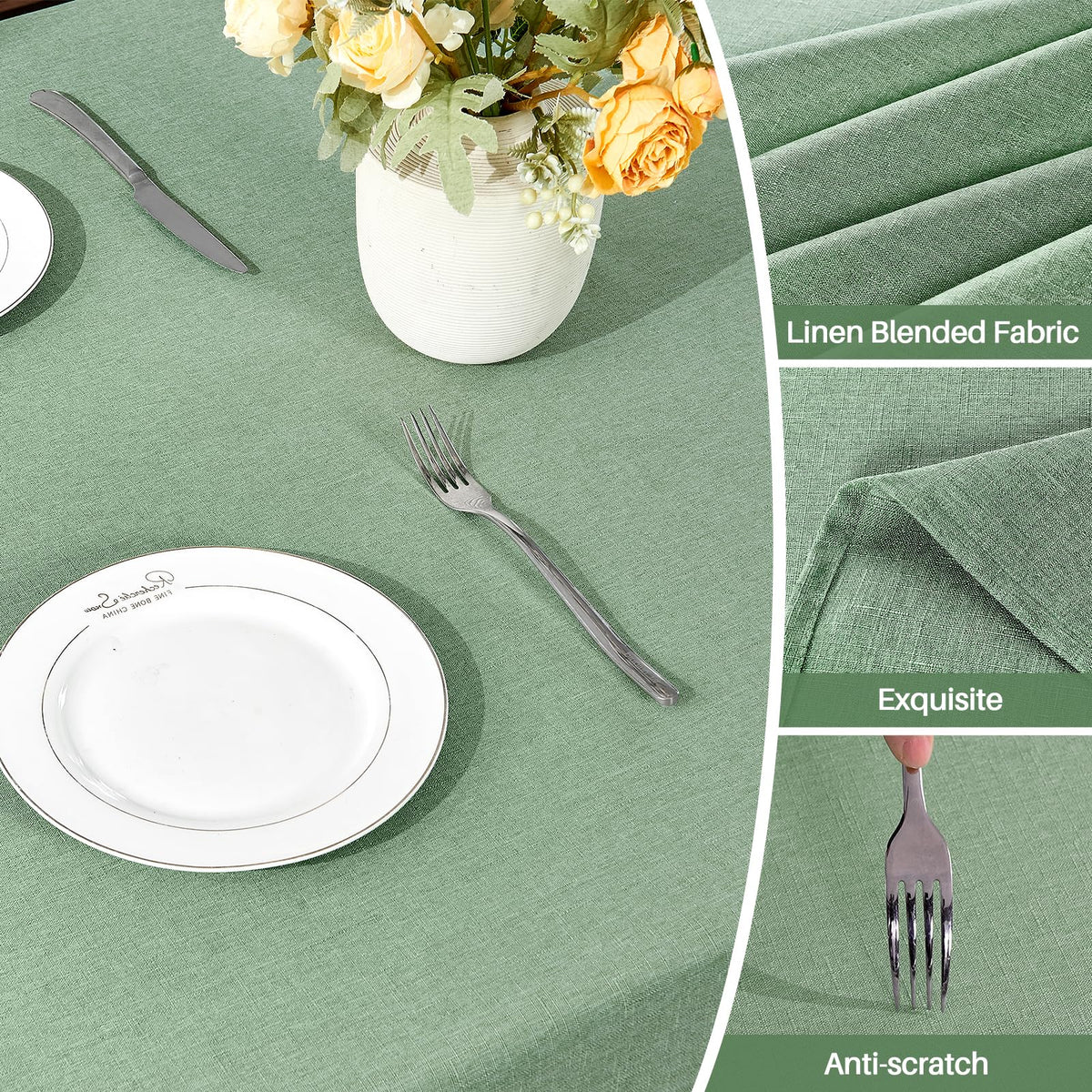 IVAPUPU waterproof surface close-up on sage green tablecloth for spills.