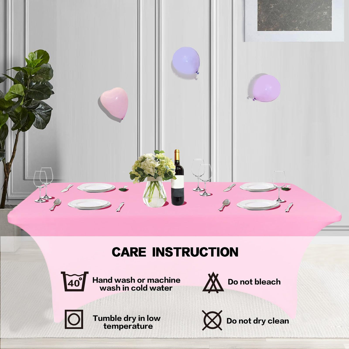 IVAPUPU wrinkle-resistant pink tablecloth preserves a crisp look.