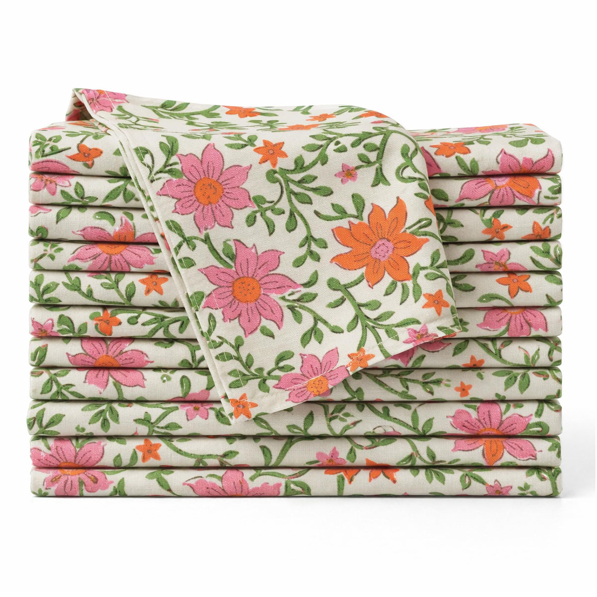 Ivy Heritage floral napkins stack shows vibrant block print for elegant table setups