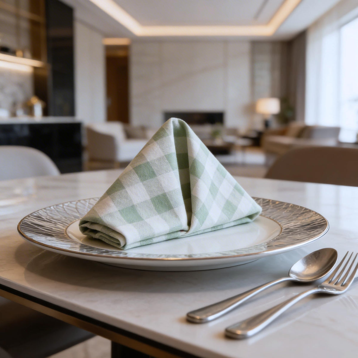 Ivy Heritage napkins framing a classic table setting with gingham charm.