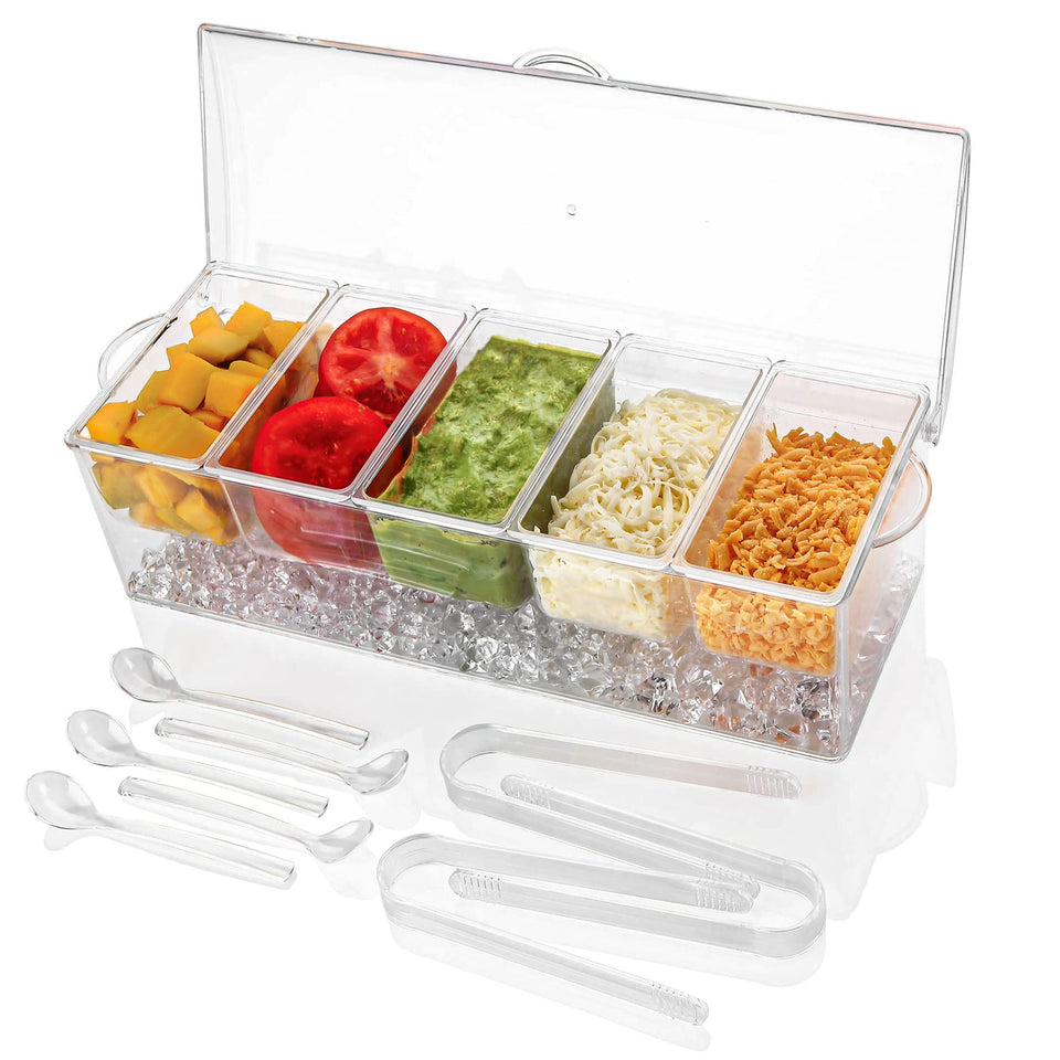 IVYHOME ice chilled 5-compartment condiment server with hinged lid on table