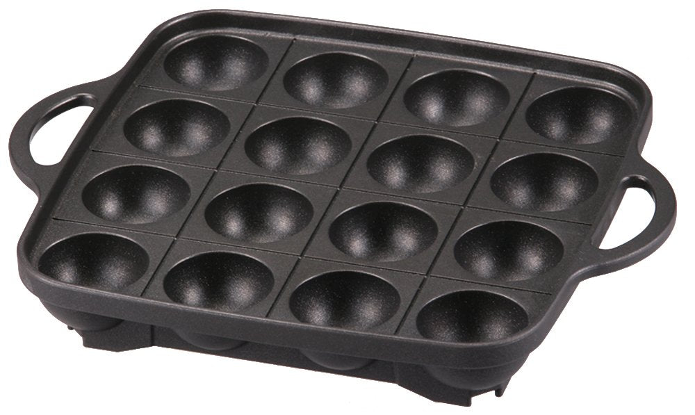 Iwatani Takoyaki grill pan top view showing 16-hole surface for even cooking.