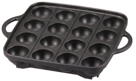 Iwatani Takoyaki grill pan top view showing 16-hole surface for even cooking.