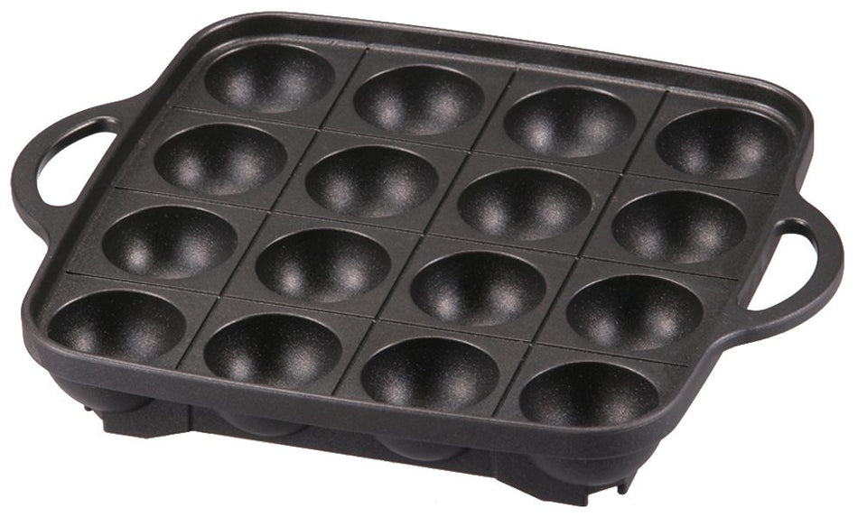 Iwatani Takoyaki grill pan top view showing 16-hole surface for even cooking.