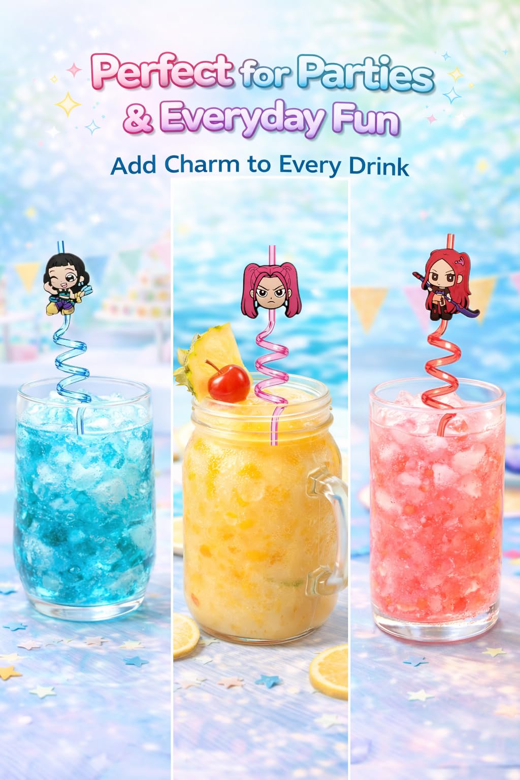 Iwesdo Kpop party straw set adds themed decor and gifts.