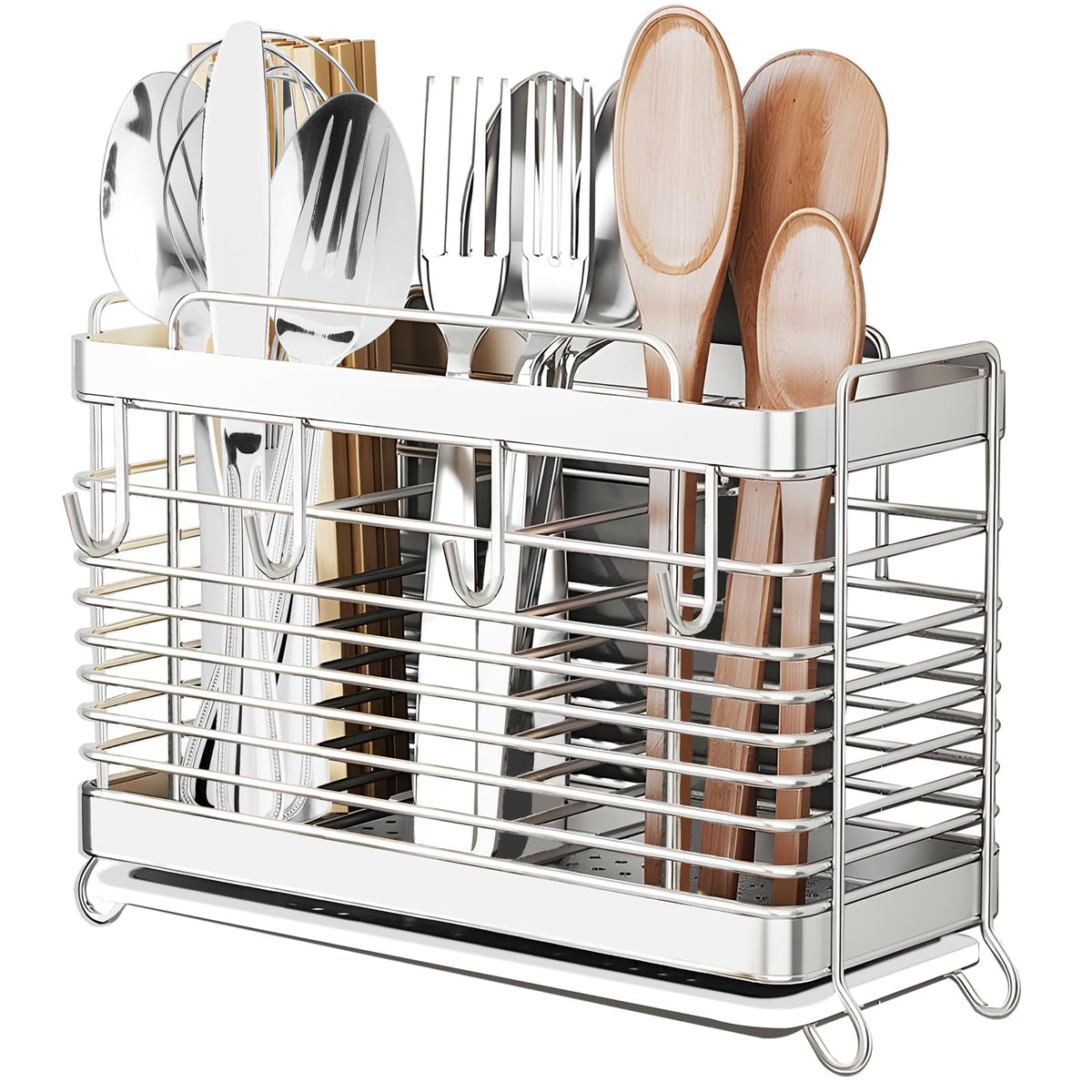 IWNTWY utensil rack with drain tray dries utensils quickly and keeps surfaces clean.
