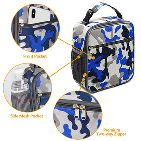 IWTTWY camo blue lunch bag bottle pocket keeps beverages handy.
