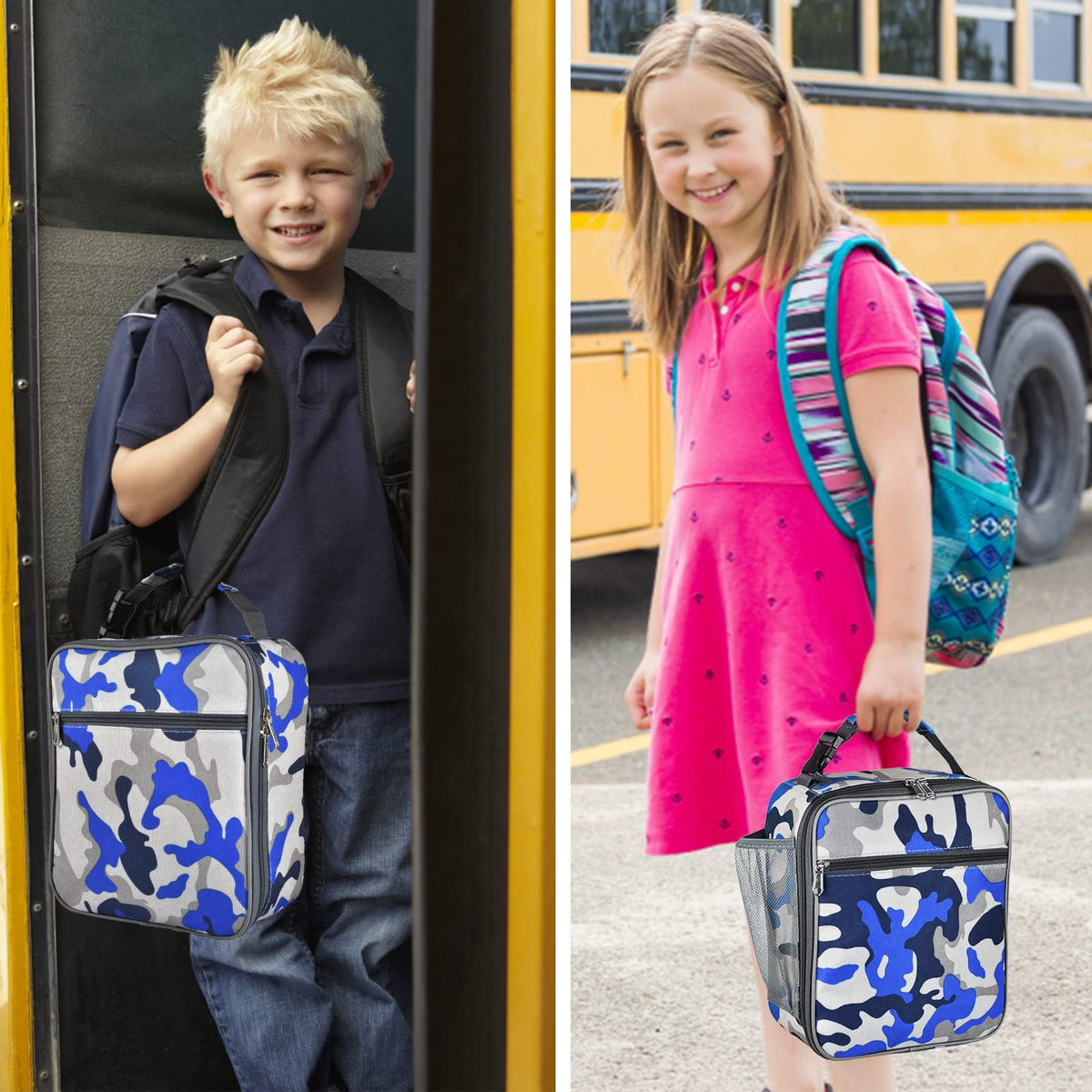 IWTTWY insulated lunch bag camo blue dimensions 10.2 by 4.3 by 8.6 inches.