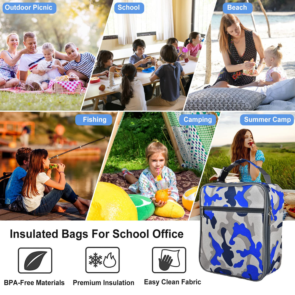 IWTTWY camo blue lunch bag for office and school use, versatile and practical.
