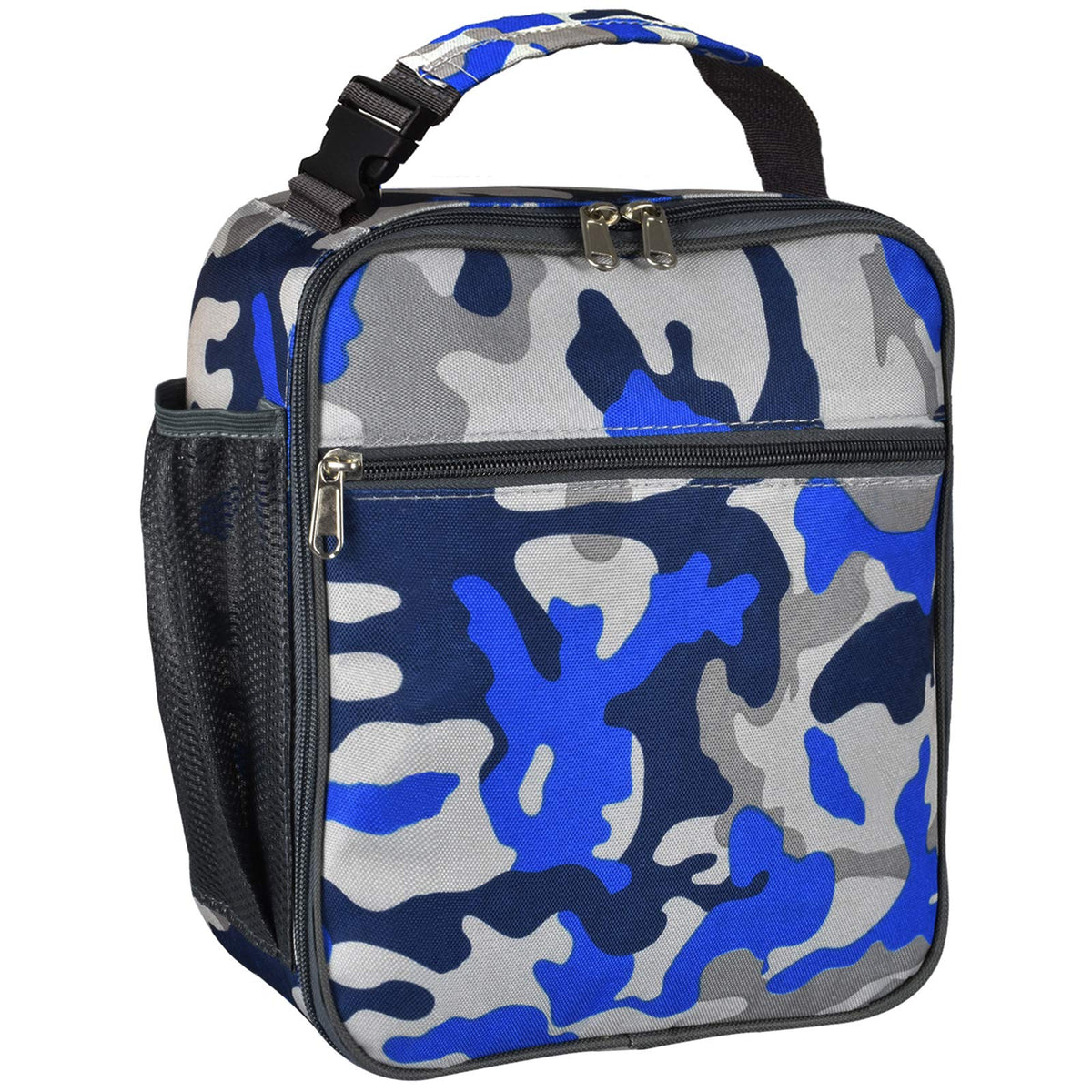 IWTTWY insulated lunch bag camo blue front view with roomy main compartment for meals.