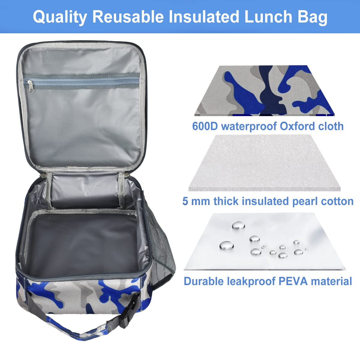 IWTTWY insulated lunch bag camo blue interior mesh pocket for organization.