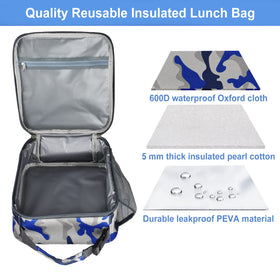 IWTTWY insulated lunch bag camo blue interior mesh pocket for organization.