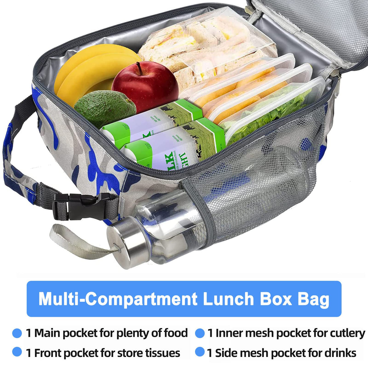 IWTTWY camo blue lunch bag side pockets ideal for snacks and drinks.