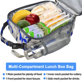 IWTTWY camo blue lunch bag side pockets ideal for snacks and drinks.