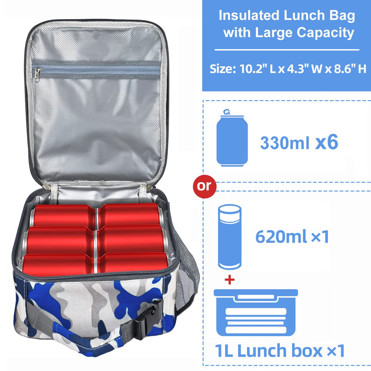 IWTTWY camo blue lunch bag top zipper for easy access to your lunch.