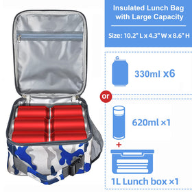 IWTTWY camo blue lunch bag top zipper for easy access to your lunch.