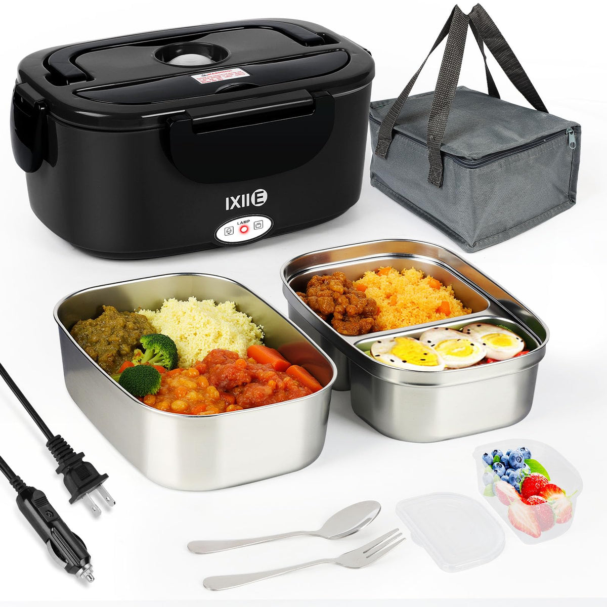 IXIIE electric lunch box front view highlights a compact, portable design for on the go meals.