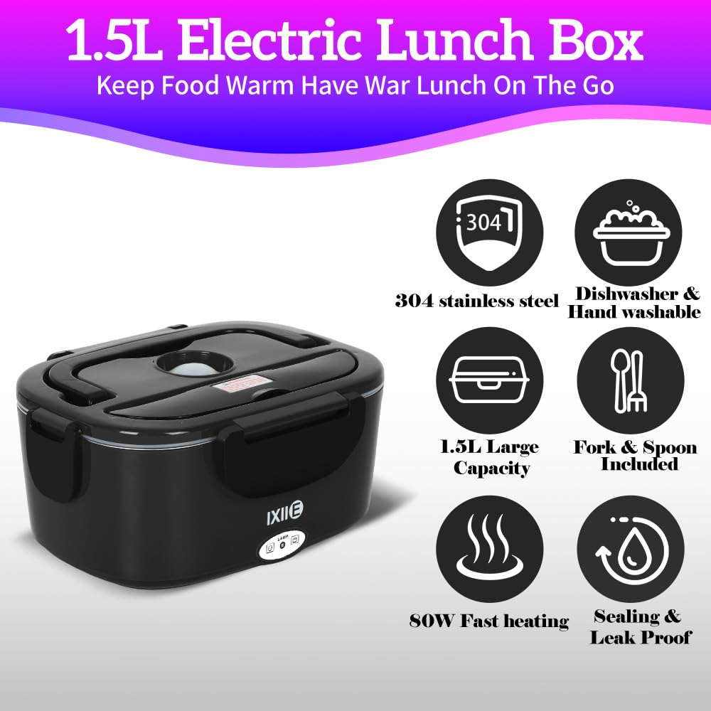 IXIIE electric lunch box lid seal close shows airtight seal for mess-free car meals.