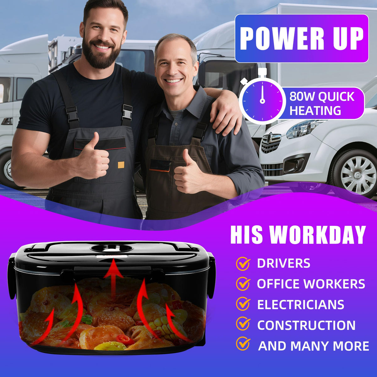 IXIIE electric lunch box in car shows 12V heating for hot meals on the go.
